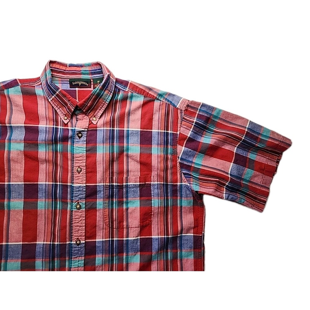 Saddlebred Men's Large Tall 100% Cotton Western Red Multi‎ Plaid S/S Button EUC